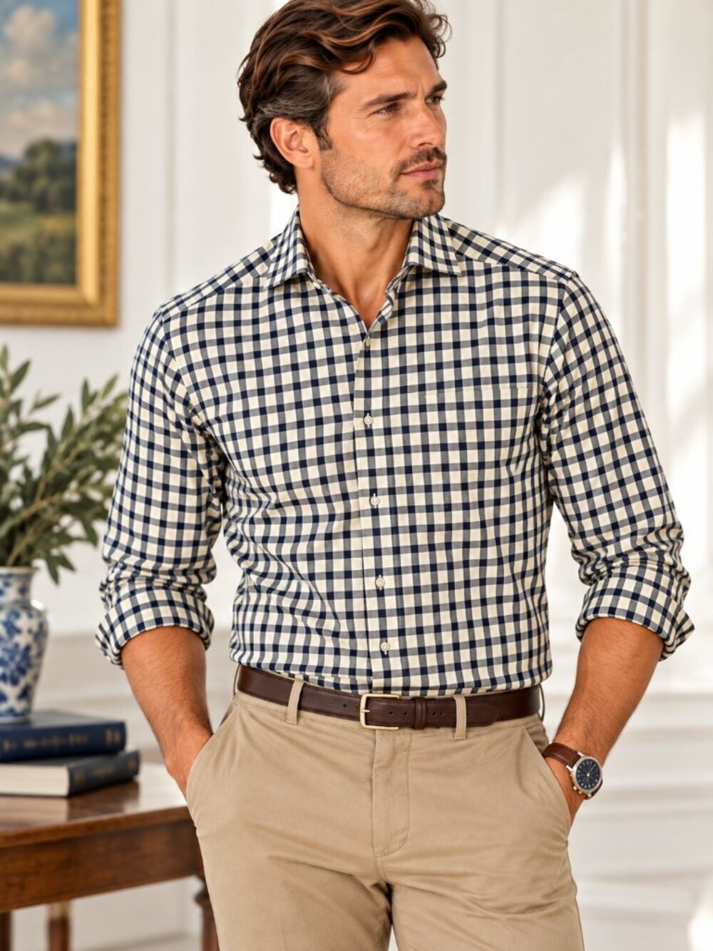 Van Heusen Mens Yellow Navy Shirt Wrinkle Free Flex Slim Fit Plaid 14 14.5 32/33